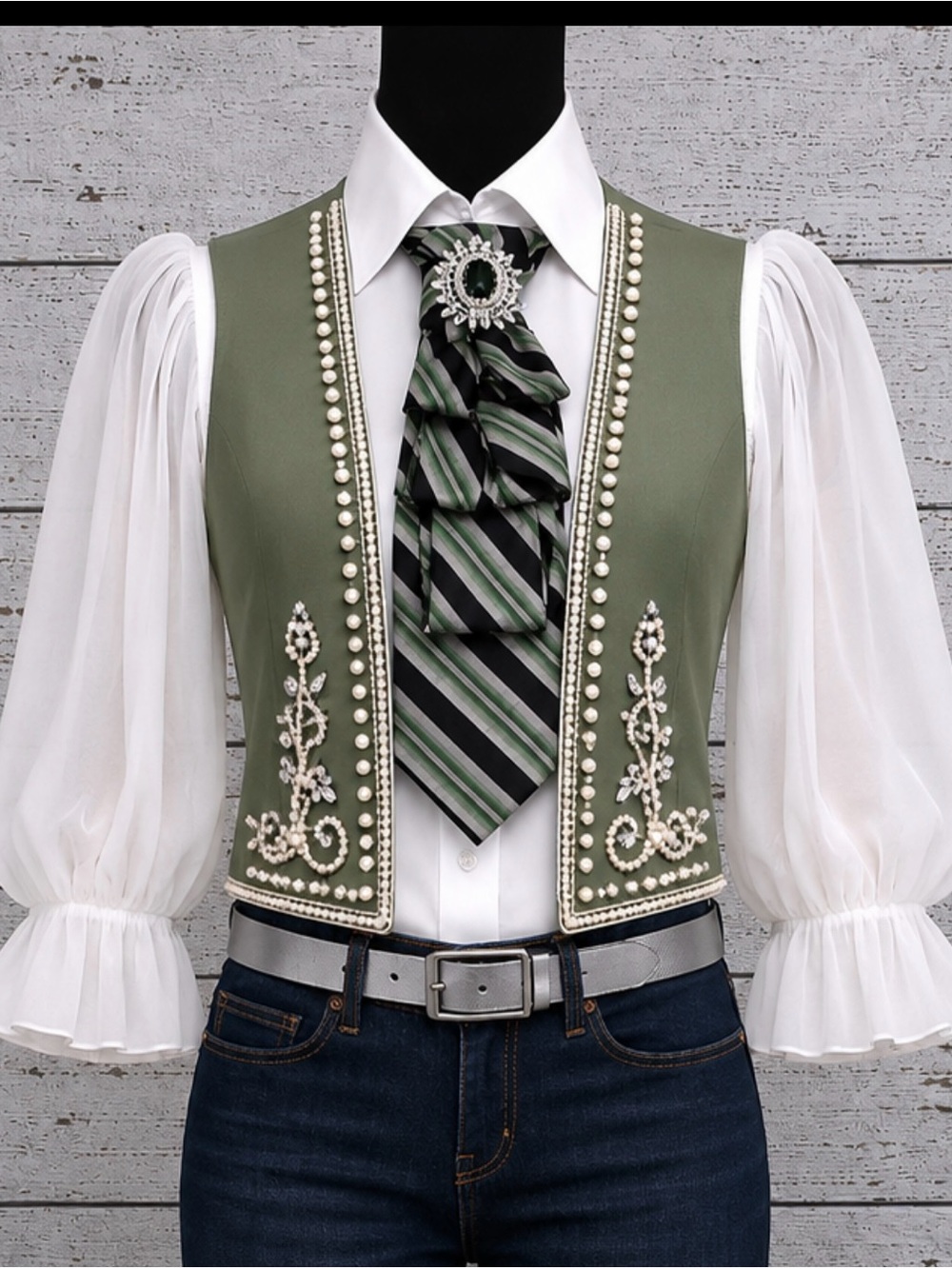 OOAK Necktie Necklace Navy/Green Stripe Lg Jeweled Brooch and Goldtone Chain
